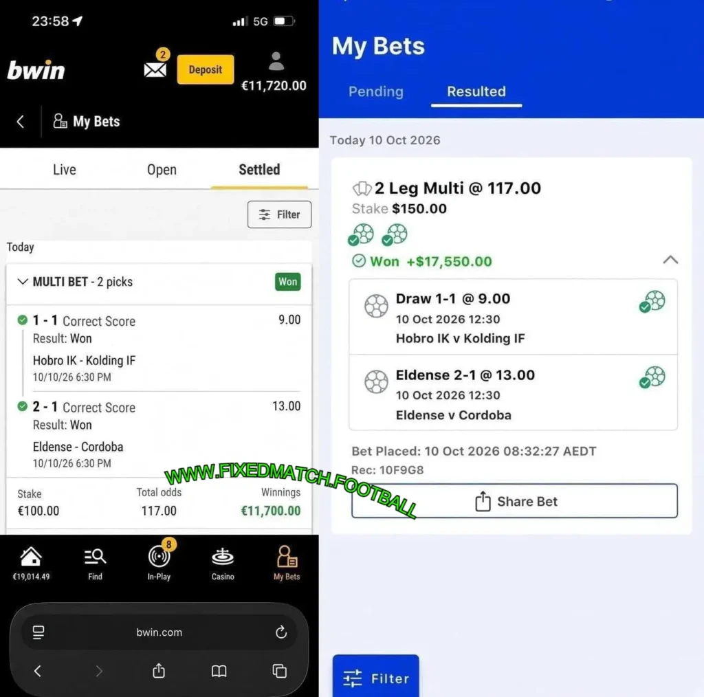 bwin screenshot showing reported Correct Score match records